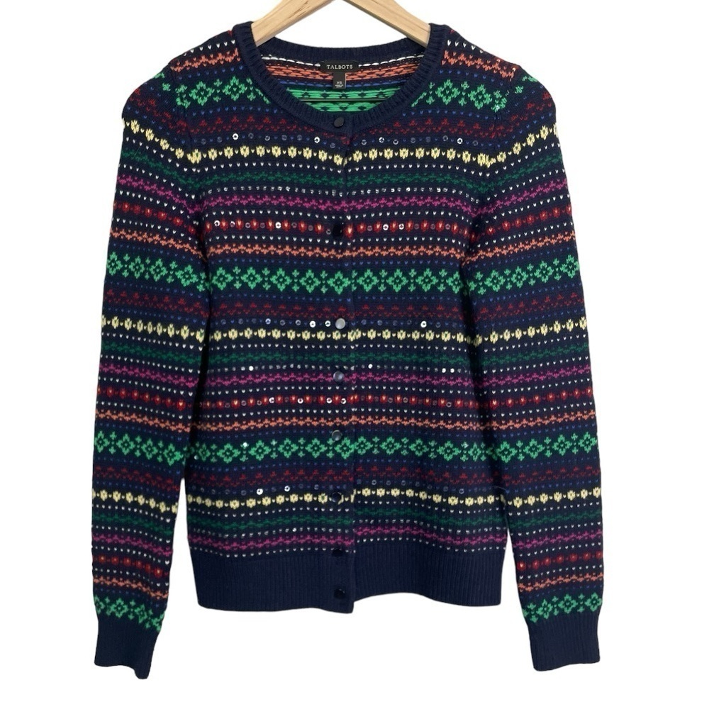 Talbots Women’s Multi Colored Patterned Button Front Wool Blend Cardigan Sweater